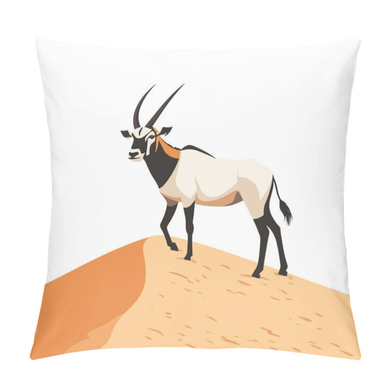 Personality   A Majestic Oryx Standing On A Sand Dune In The Desert. Flat Vector Pillow Covers