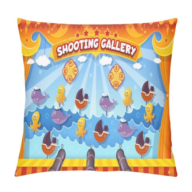 Personality  Carnival Shoot Game, Amusement Park Booth Targets, Cartoon Vector Background. Shooting Gallery Game With Sea Octopus, Ocean Whale And Ship Boat For Funfair Carnival Shooting Game With Cannon Guns Pillow Covers