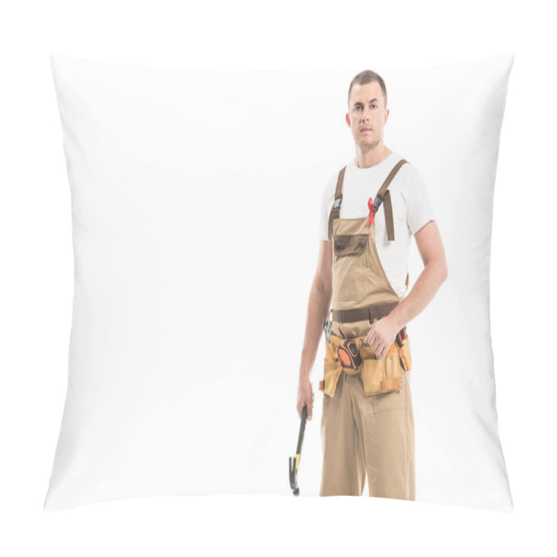 Personality  Handsome Adult Builder With Aids Awareness Red Ribbon On Overall Isolated On White Pillow Covers