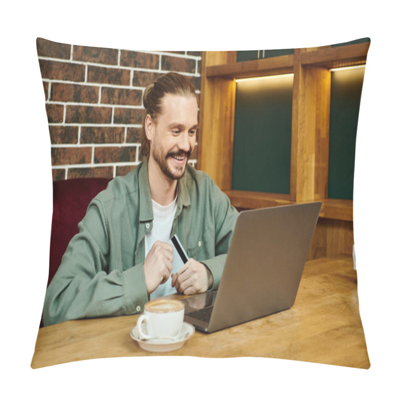 Personality  A Man Sits In A Modern Cafe, Focused On His Laptop Computer Screen, Engaged In Work Or Leisure Activities. Pillow Covers