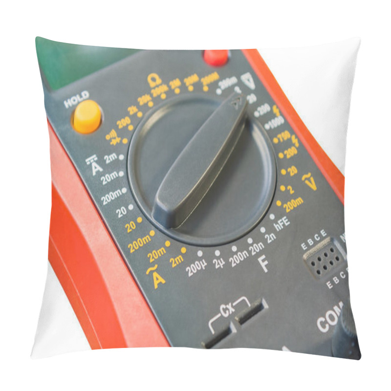 Personality  Fragment Of Digital Multimeter Closeup Isolated On White Background Pillow Covers