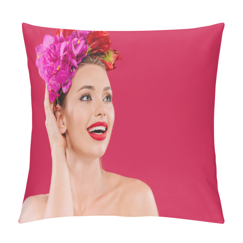 Personality  Excited Naked Beautiful Woman With Red Lips And Floral Wreath On Head Looking Away Isolated On Crimson Pillow Covers