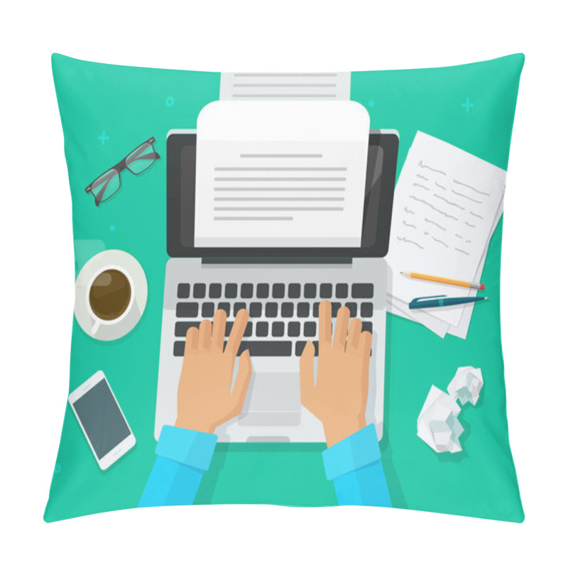 Personality  Writer Writing On Computer Paper Sheet Vector Illustration, Flat Cartoon Person Editor Write Electronic Book Text Top View, Laptop With Writing Letter Or Journal, Journalist Author Working Clipart Pillow Covers