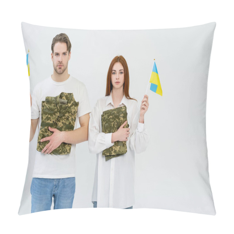 Personality  Couple With Ukrainian Flags And Military Uniform Looking At Camera Isolated On White  Pillow Covers