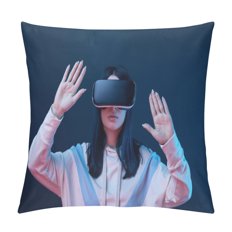 Personality  Young Brunette Woman Wearing Virtual Reality Headset And Gesturing On Blue  Pillow Covers