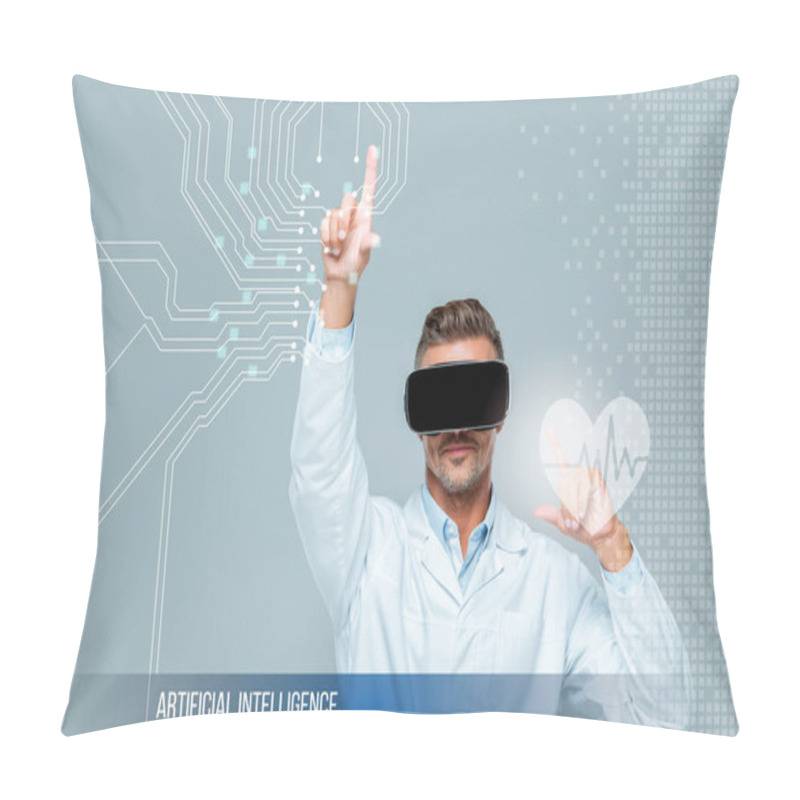 Personality  Scientist In Virtual Reality Headset Touching Medical Care Interface With Heartbeat Isolated On Grey, Artificial Intelligence Concept Pillow Covers