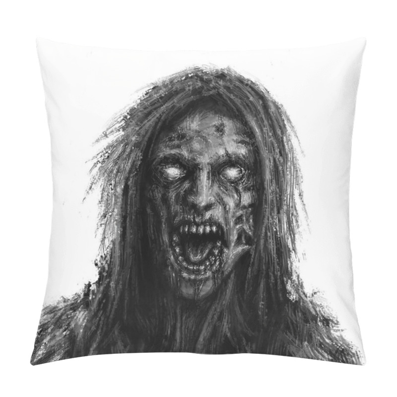 Personality  Scary Zombie Woman Face On White Background. Illustration In Horror Genre. Pillow Covers