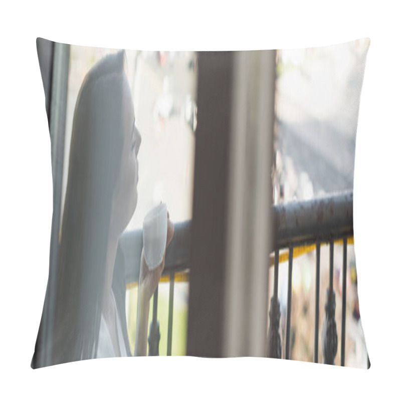 Personality  Brunette Woman With Closed Eyes Drinking Tea And Sitting On Balcony, Horizontal Banner Pillow Covers