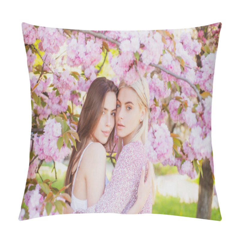 Personality  Two Young Sensual Sexy Women Relaxing In Sakura Flowers. Pillow Covers