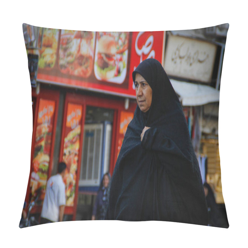 Personality  Shiraz, Iran - May 17, 2017: An Elderly Muslim Iranian Woman Covered In A Black Veil Chador Goes Along The City Street Among The Shops. Pillow Covers