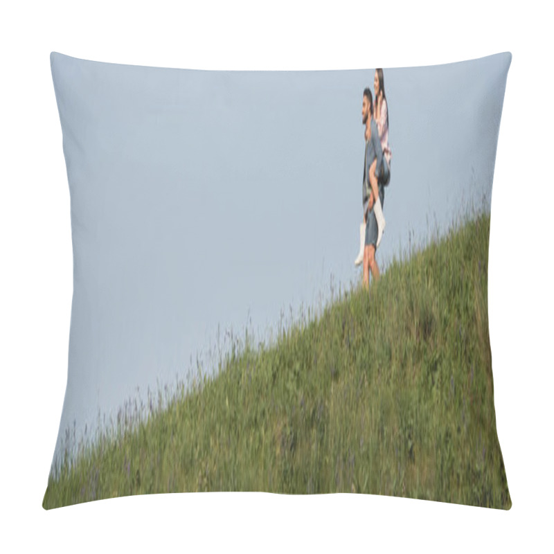 Personality  View From Afar On Man Piggybacking Woman In Hilly Meadow Under Blue Sky, Banner Pillow Covers