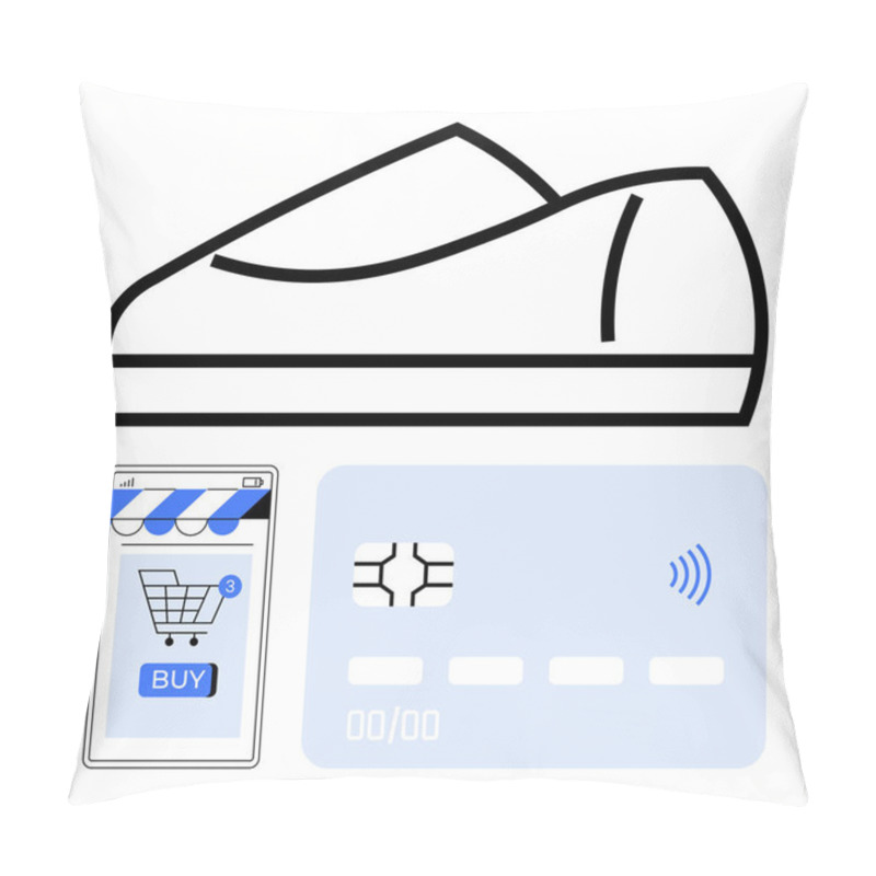 Personality  Shoe Outline With Digital Shopping Cart On Smartphone And Contactless Payment Card. Ideal For E-commerce, Mobile Shopping, Digital Payments, Fintech, Retail, Online Stores, Abstract Line Flat Pillow Covers