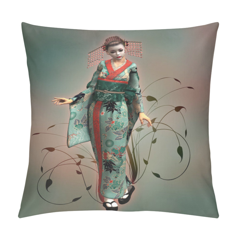 Personality  3d Computer Graphics Of A Doll With Kimono Pillow Covers