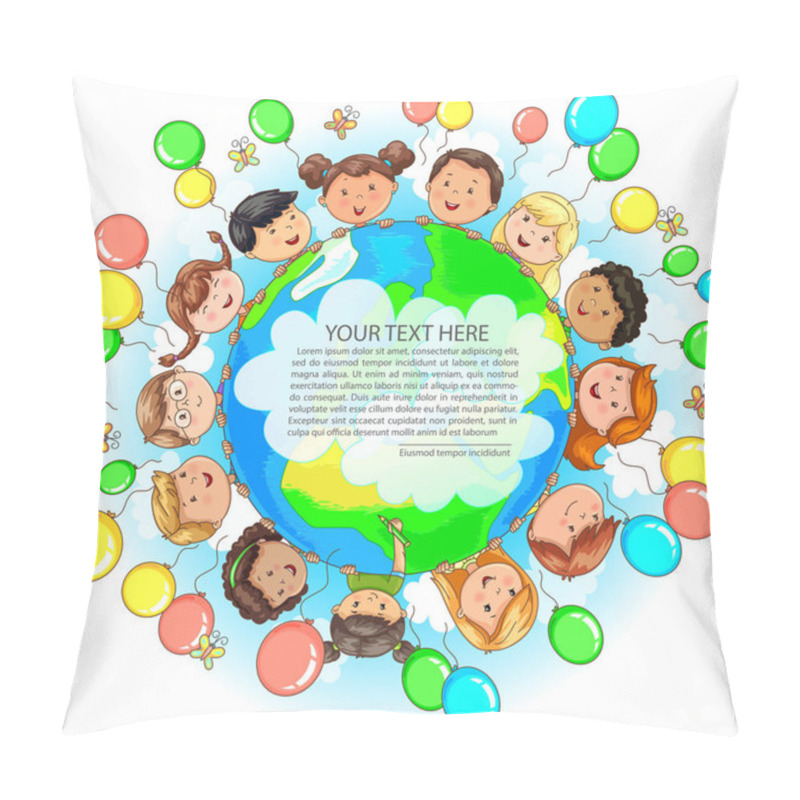 Personality  Bright Cute Kids Different Nationalities Hold Earth Balloons Around And Place For Your Text. Pillow Covers