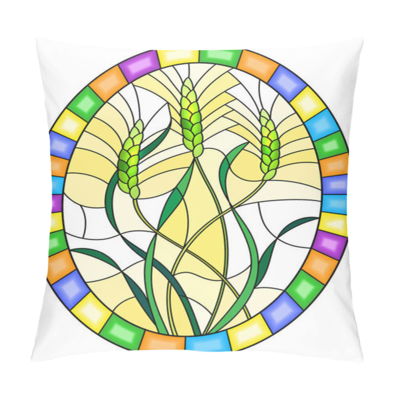 Personality  Illustration In Stained Glass Style With Spikes Of Cereal Plants On A Yellow  Background, Oval Image In Bright Frame  Pillow Covers