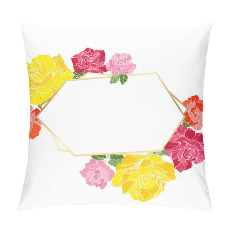 Personality  Vector Roses. Floral Botanical Flowers. Orange, Pink And Yellow Engraved Ink Art. Frame Golden Crystal. Geometric Polygon Crystal Shape. Pillow Covers