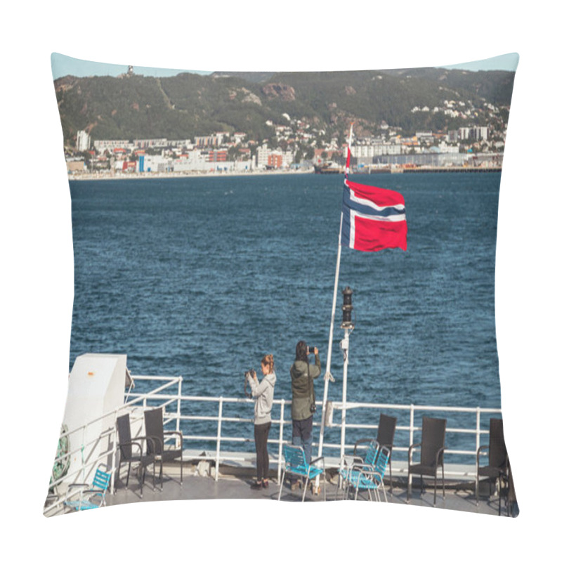 Personality  Bodo, Norway - 12 Aug 2018: Women Enjoying A Sunny Day On A Bodo Ferry While Capturing Memories Of Lofoten Views Pillow Covers