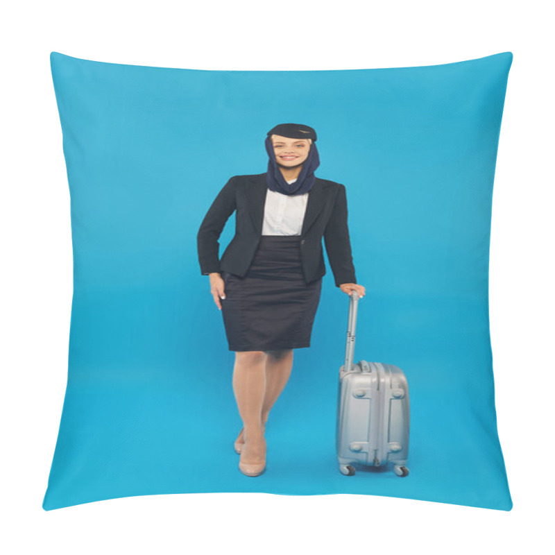 Personality  Elegant Stewardess In Uniform Of Arabian Airlines Standing With Hand On Hip And Travel Bag On Blue Pillow Covers