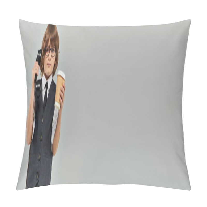 Personality  Cute Boy In Glasses And Formal Attire Holding Retro Phone And Drink In Paper Cup On Grey, Banner Pillow Covers