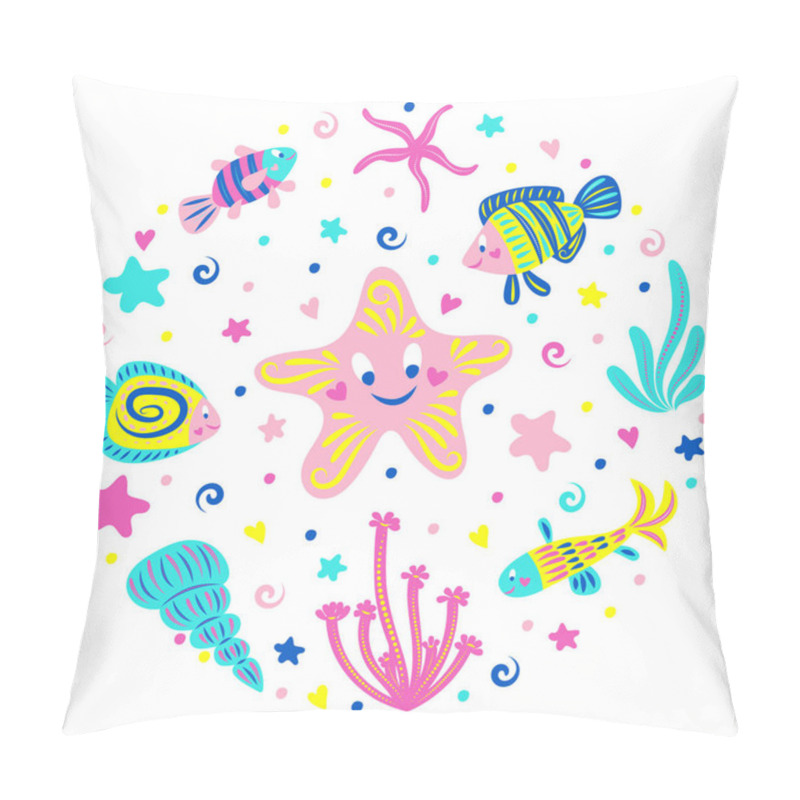 Personality  Underwater World: Starfish, Fish, Shell And Algae. Cartoon Characters. Children's Illustration For Your Design. Isolated Objects On A White Background. Vector. Pillow Covers