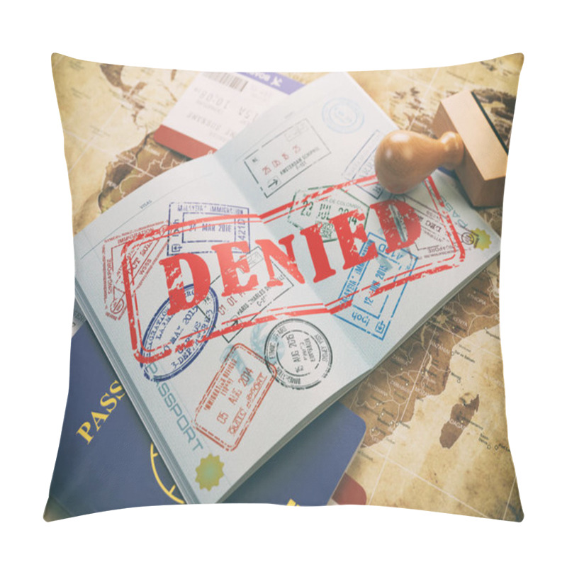 Personality  Passport With Denied Visa Stamp On The Map Of The World And Airl Pillow Covers