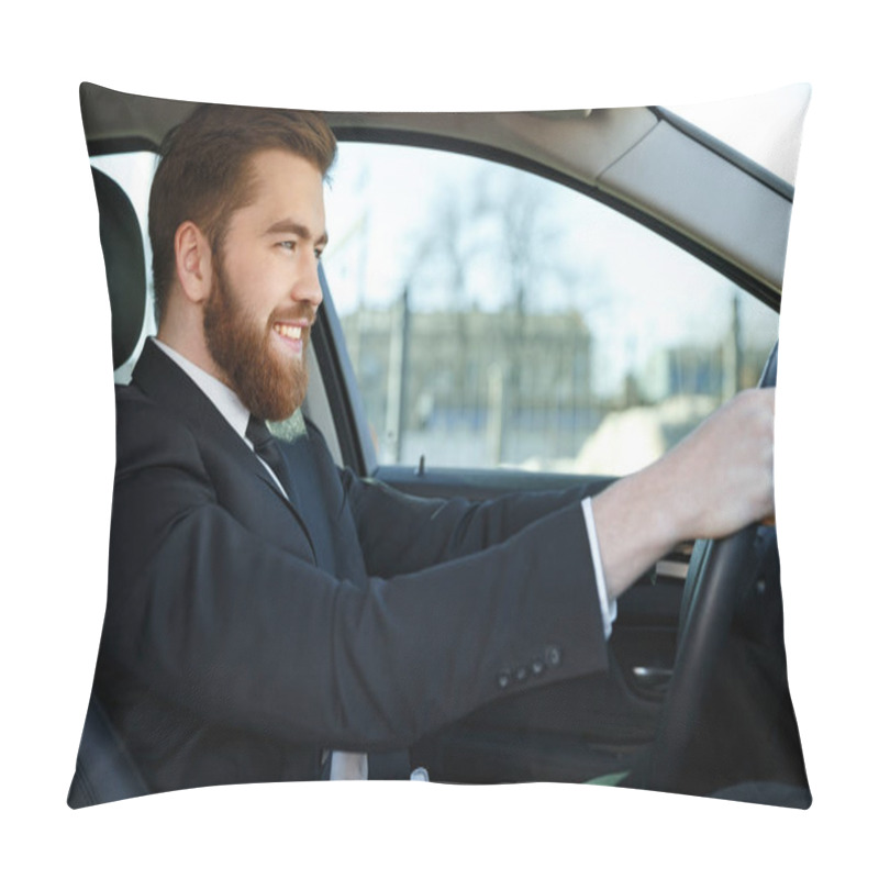 Personality  Side View Of Smiling Business Man Sitting At The Wheel Pillow Covers