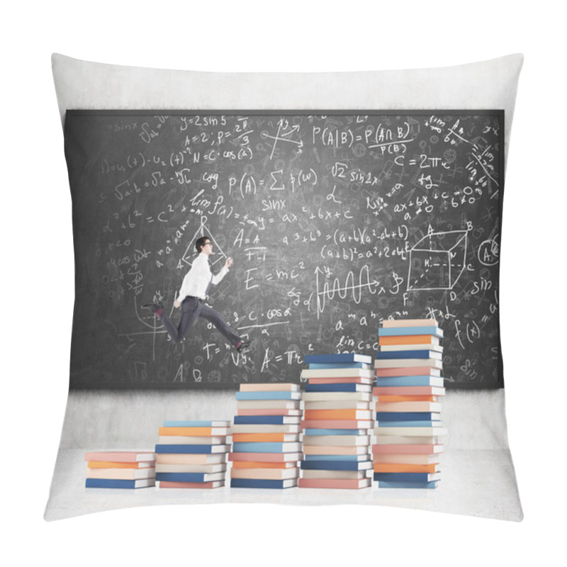 Personality  Young Man With A Folder In Hand Running Up Stairs Made Of Piles Of Books Of Different Size, Blackboard With Notes At The Concrete Background. Pillow Covers