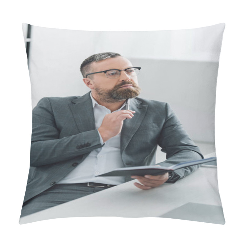 Personality  Handsome Businessman In Formal Wear And Glasses Holding Pen And Notebook In Office  Pillow Covers