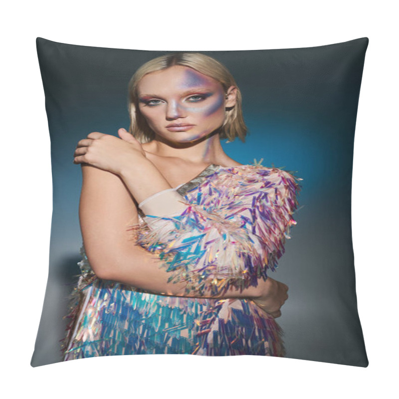 Personality  A Young Woman Showcases Her Stunning Holographic Outfit And Striking Makeup. Pillow Covers