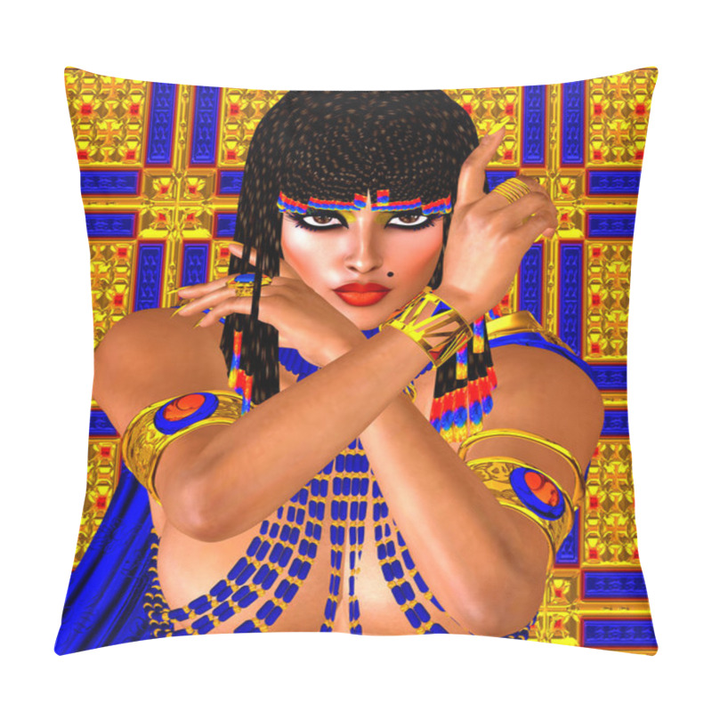 Personality  Cleopatra Or Any Egyptian Woman Pharaoh. Modern Digital Art Fantasy. Set On A Gold And Blue Abstract Background Pillow Covers