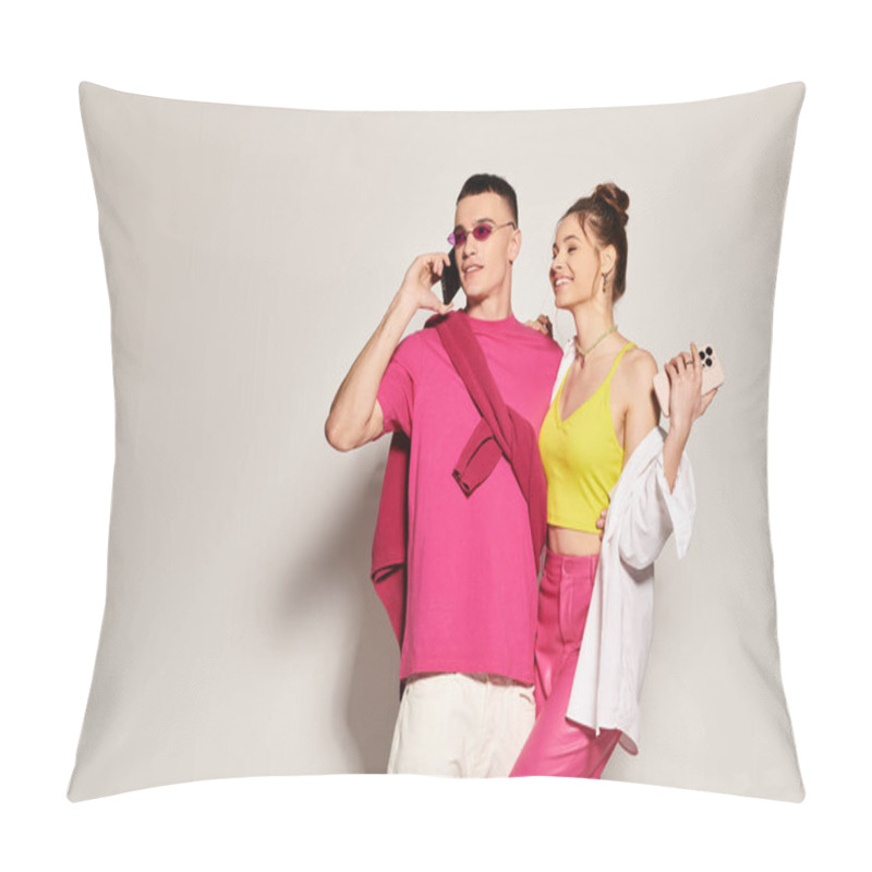 Personality  A Stylish Young Man And Woman Stand Side By Side, Showcasing Love And Connection In A Studio Setting With A Grey Background. Pillow Covers