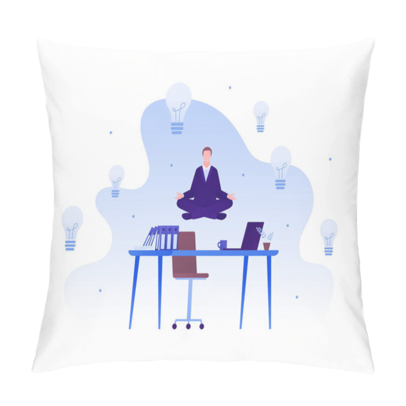 Personality  Wellbeing And Yoga At Work Concept. Vector Flat Business Illustration. Businessman In Suit Fly Over Desk In Meditation Relax Pose. Lightbulb Idea And Productivity Symbol. Pillow Covers