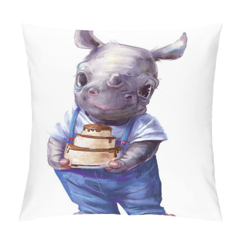 Personality  Cute Cartoon Little Rhino With Birthday Cake Pillow Covers