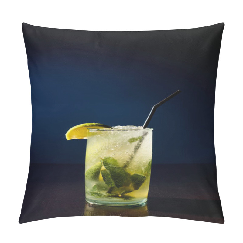 Personality  Thirst Quenching Glass Of Mojito Garnished With Mint And Lime On Dark Background, Concept Pillow Covers