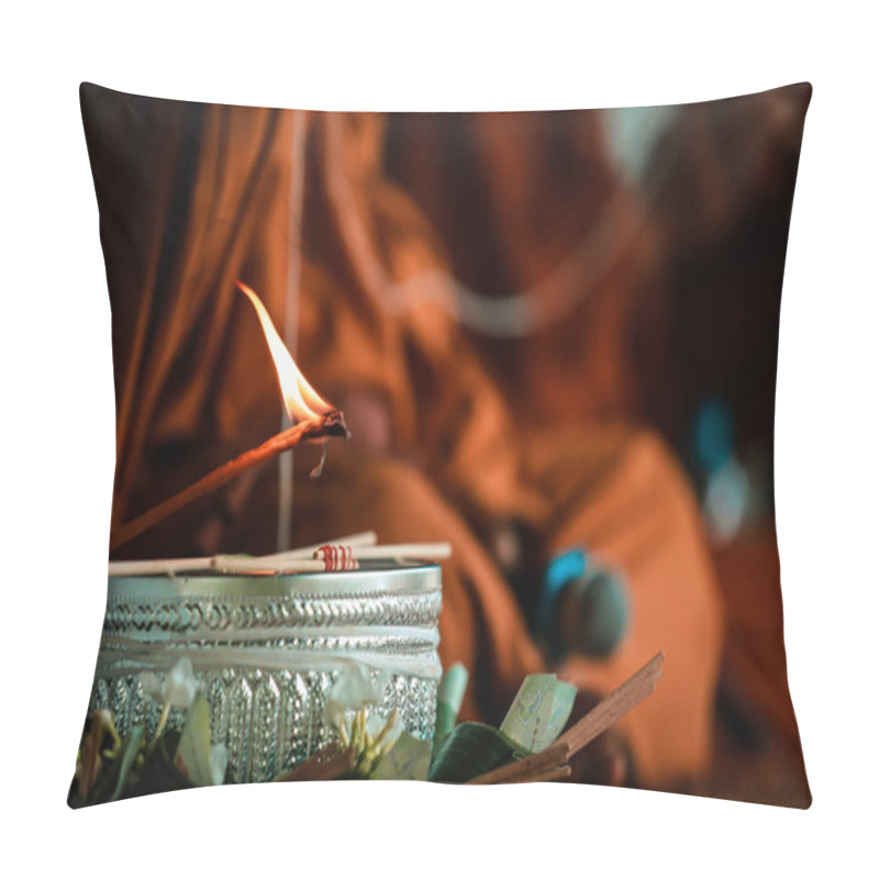 Personality  Thai Religious Rituals : Hands Of Monks, Candles Used In Ceremon Pillow Covers