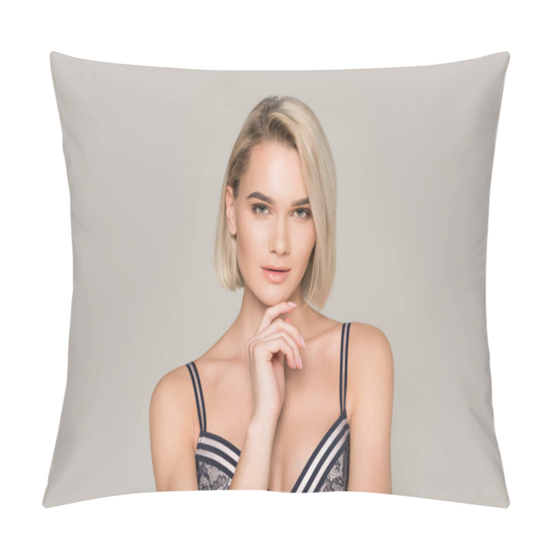 Personality  Attractive Pensive Blonde Girl Posing In Black Bra, Isolated On Grey Pillow Covers