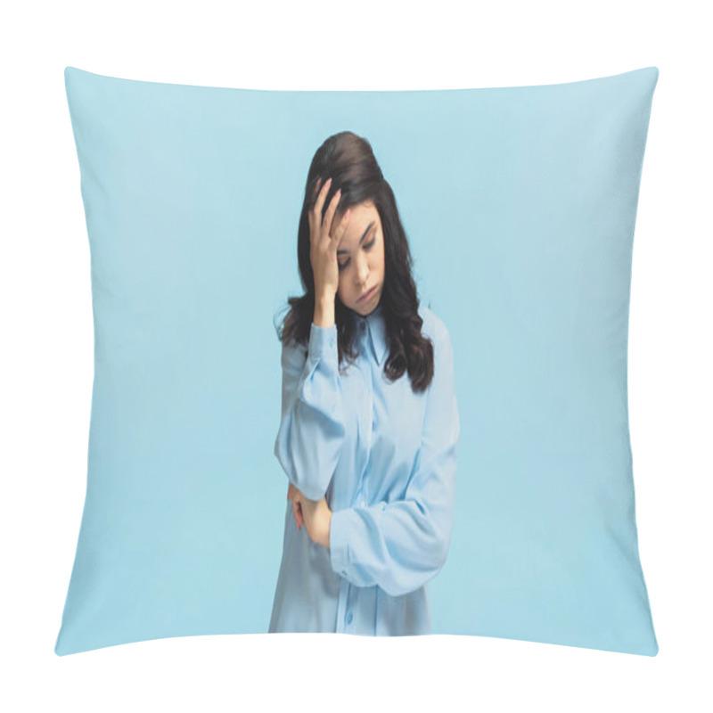 Personality  Displeased Young Woman In Shirt Touching Head And Puffing Cheeks Isolated On Blue Pillow Covers