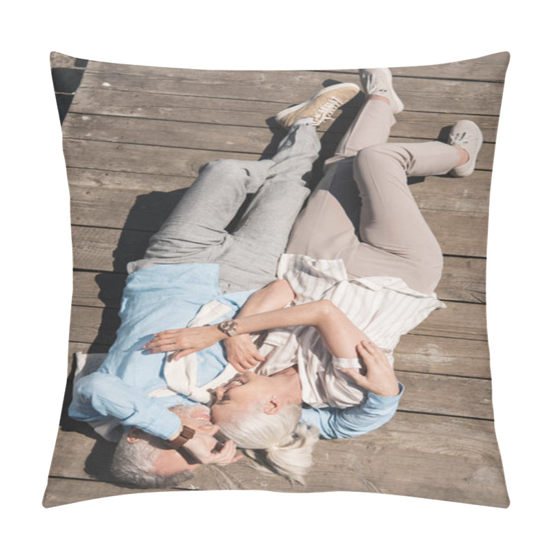 Personality  Senior Couple Lying On Wooden Pavement Pillow Covers