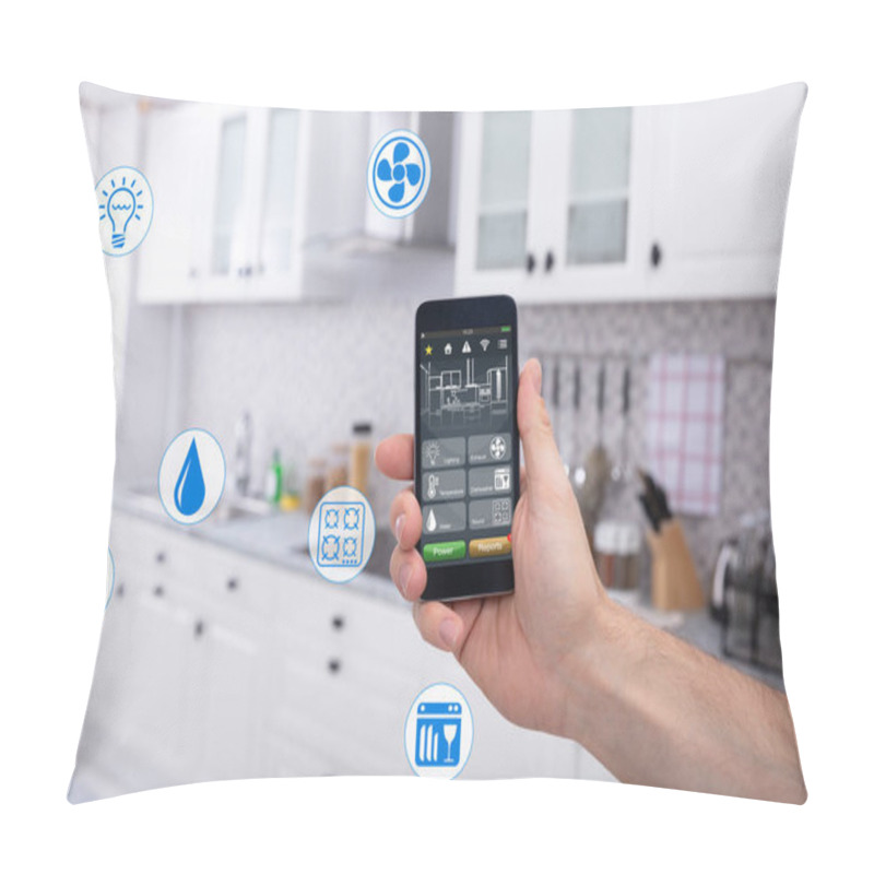 Personality  Close-up Of A Person's Hand Using Smart Home System Application On Mobilephone Pillow Covers