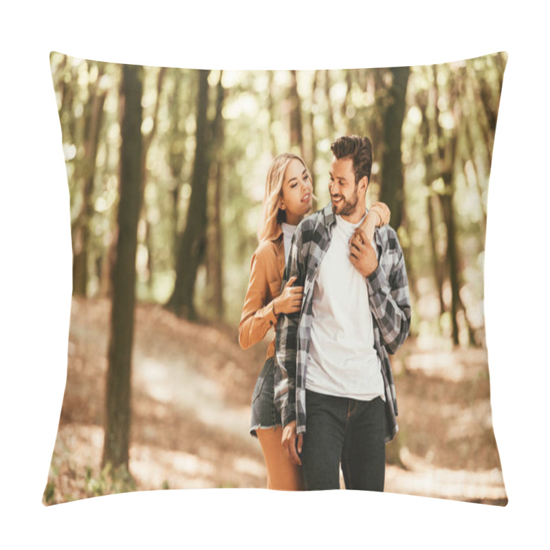 Personality  Attractive Girl Embracing Happy Boyfriend While Walking In Park Pillow Covers