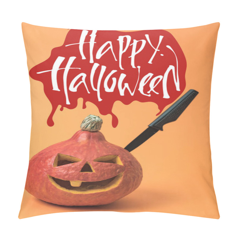 Personality  Spooky Carved Halloween Pumpkin With Knife On Orange Background With Happy Halloween Illustration Pillow Covers