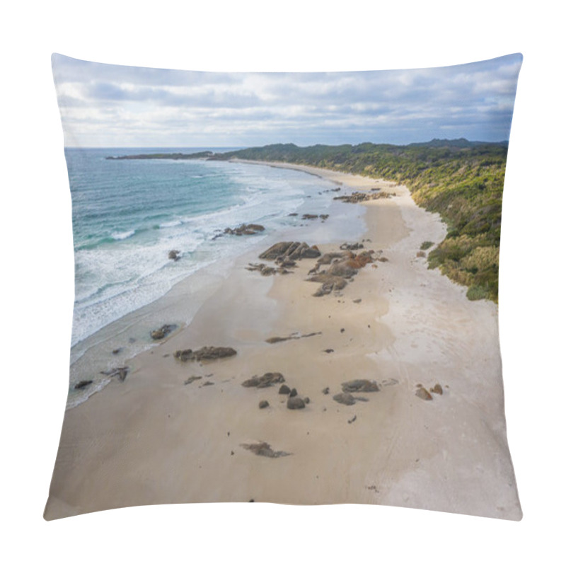 Personality  Drone Aerial Photograph Of Waves And A White Sandy Beach On King Island In Tasmania In Australia Pillow Covers