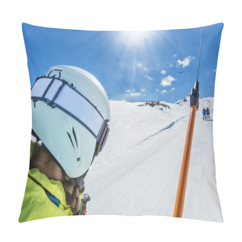 Personality  Happy Young Woman Skier On Ski Drag Lift. Pillow Covers