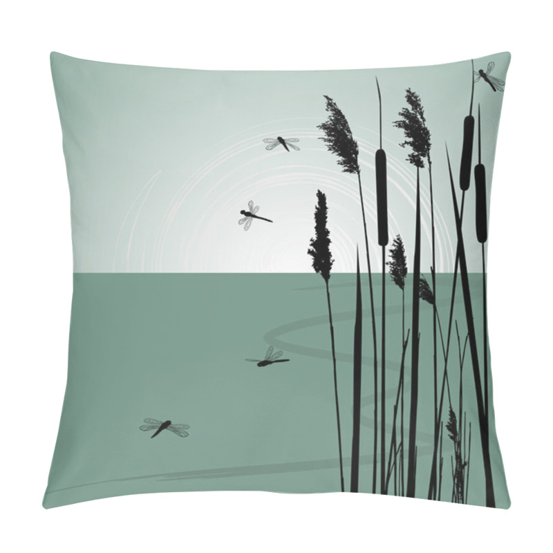 Personality  Reeds In The Water And Few Dragonflies - Vector Pillow Covers