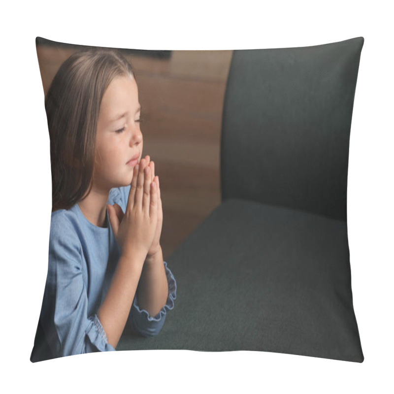 Personality  Cute Little Girl With Hands Clasped Together Praying Indoors. Space For Text Pillow Covers