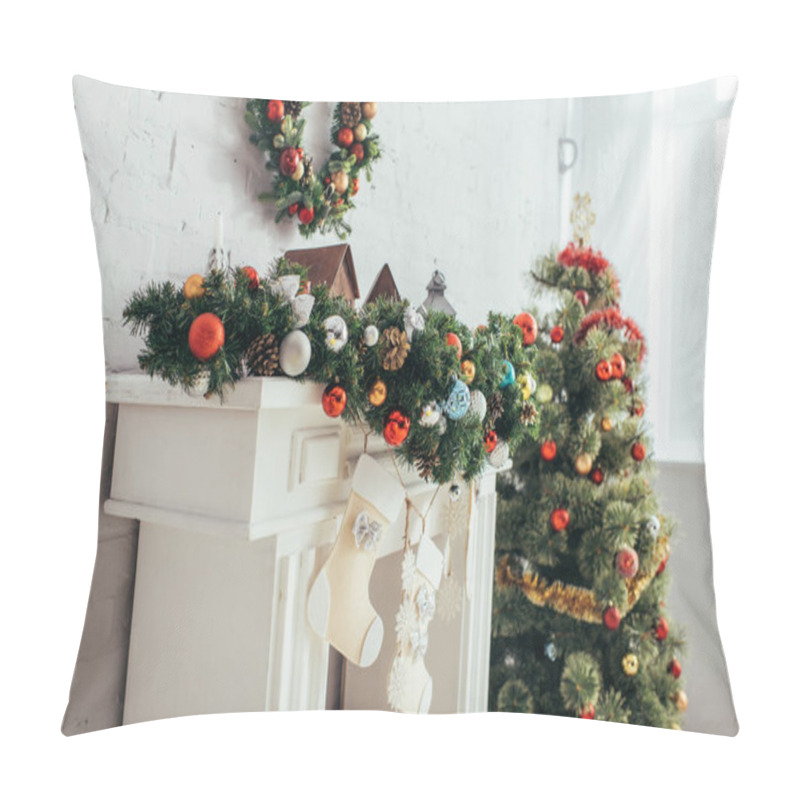 Personality  Christmas Stockings Hanging Near Decorated Fireplace And Fir Pillow Covers