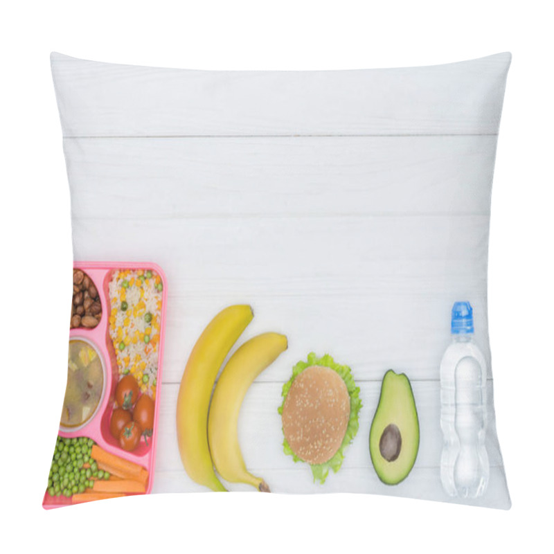 Personality  Top View Of Row Of Kids Lunch For School On White Table Pillow Covers