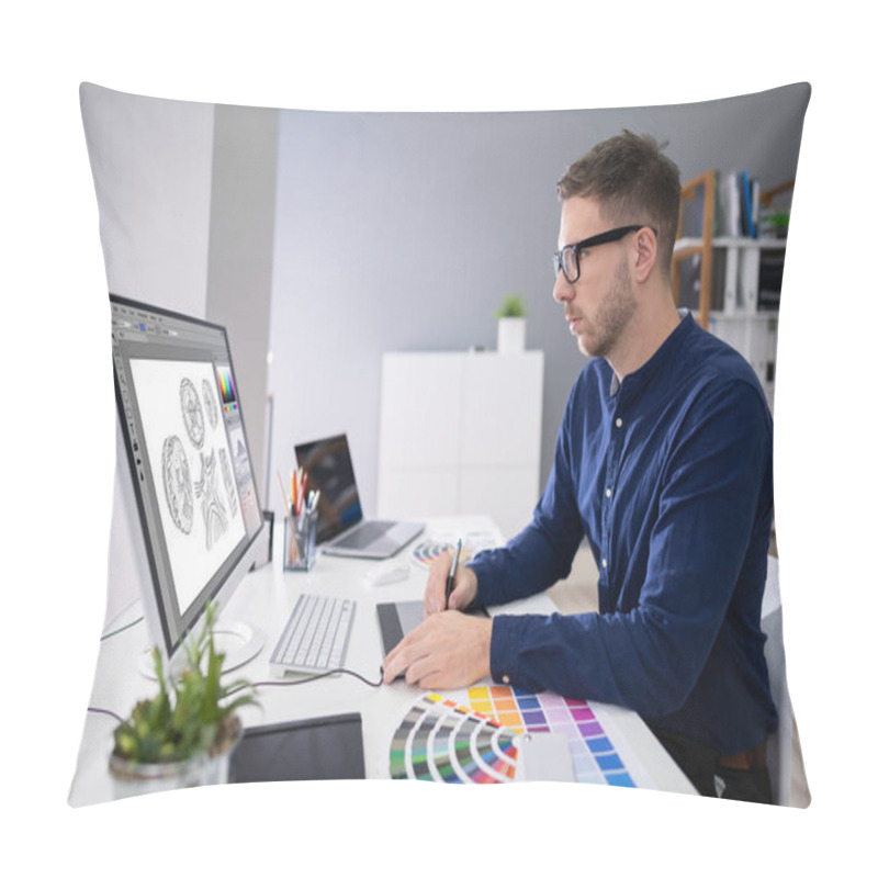 Personality  Close-up Of A Designer's Hand Editing Photo On Computer In Office Pillow Covers