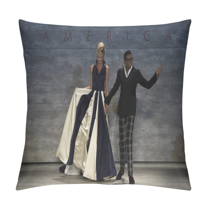 Personality  Designer B. Michael And Model Elena Kurnosova Walk The Runway At The B. Michael America Fashion Show Pillow Covers