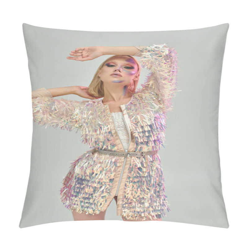 Personality  Stylish Young Woman Showcases Shimmering Attire And Striking Makeup In A Creative Pose. Pillow Covers